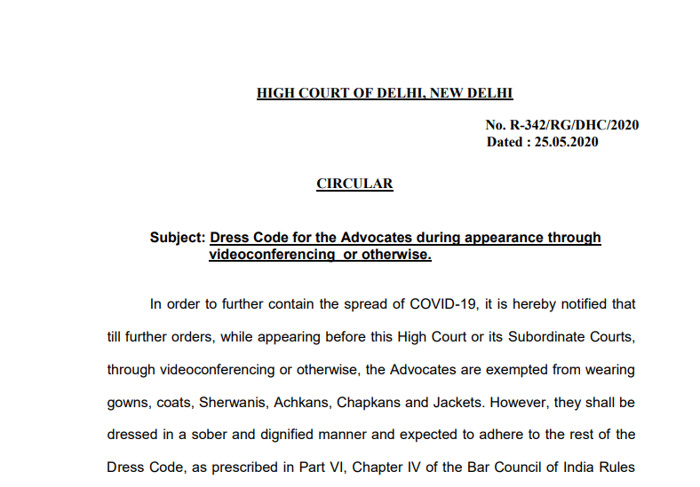 Dress Code for the Advocates during appearance through videoconferencing or otherwise.