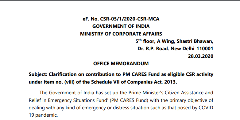 MCA Clarification- Contribution towards PM CARES Fund will Qualify as Eligible CSR Activity