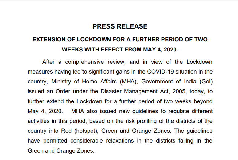 Press Release on extension of Lockdown and issue of new guidelines 
