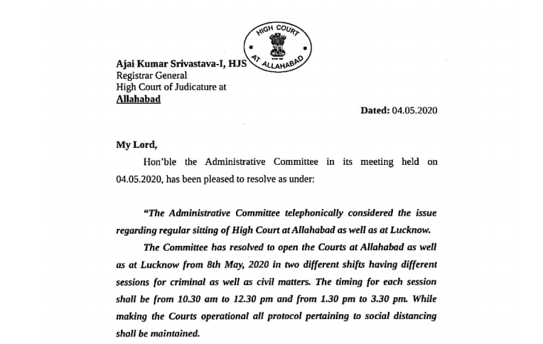 Allahabad High Court will be operational from 8th of May and will work in shifts.