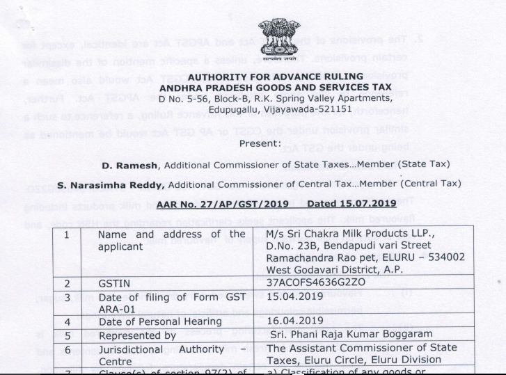 AP AAR in the case of M/s Sri Chakra Milk Products LLP