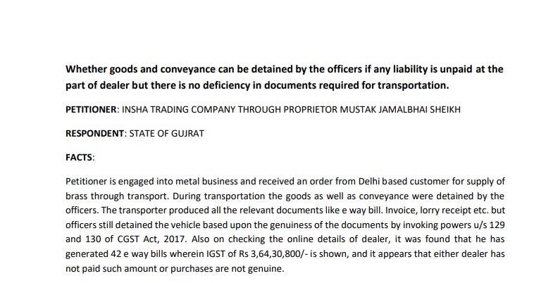 Whether goods and conveyance can be detained by the officers if any liability is unpaid at the part of the dealer but there is no deficiency in documents required for transportation.