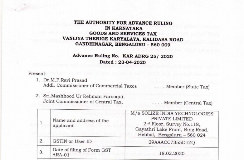Karnataka AAR Order in the case of M/s Solize India Technologies Private Limited
