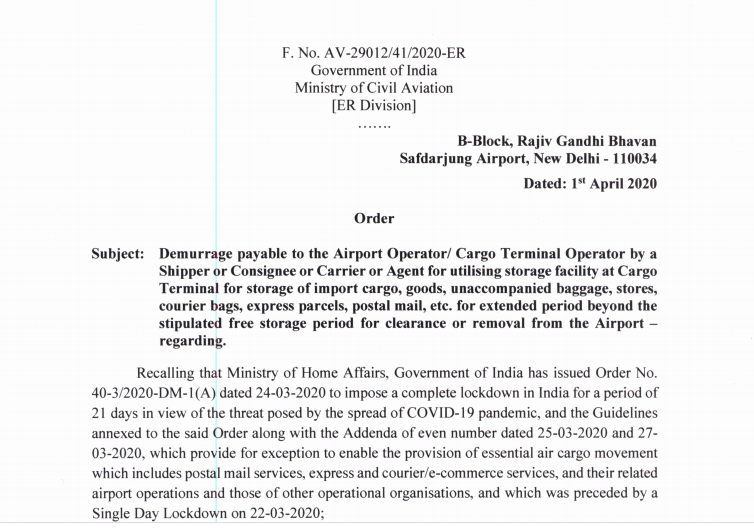 Air Cargo demurrage Waiver Order