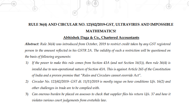 Rule 36(4) and Circular No. 123/42/2019-GST, Ultra Vires and Impossible Mathematics!