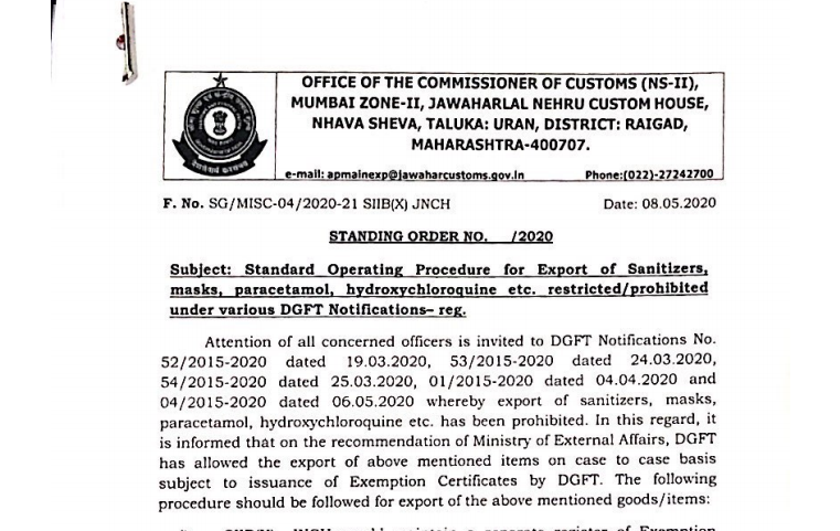 SOP for Export of Sanitizers, masks, paracetamol, hydroxychloroquine, etc. restricted/ prohibited under various DGFT Notifications