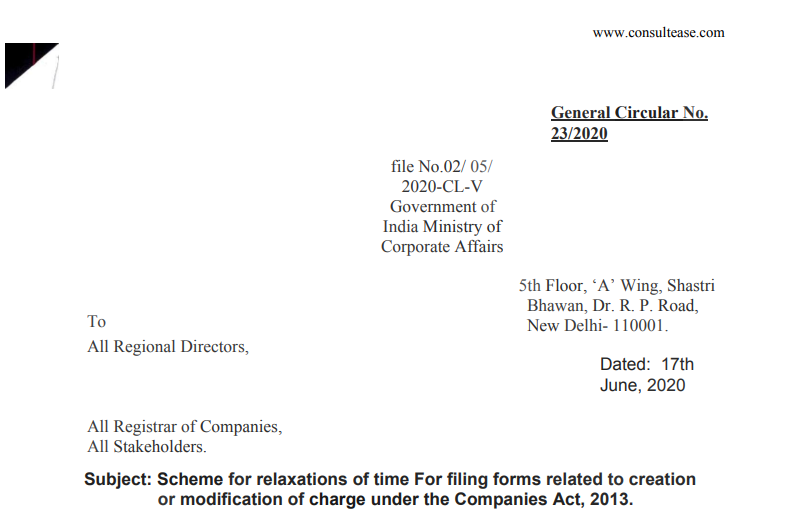 Scheme for relaxation of time for filing forms related to creation or modification of charges under the Companies Act, 2O13.