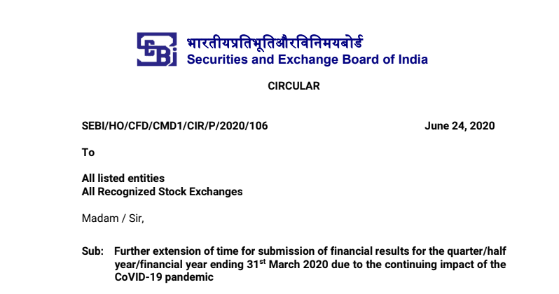 Due Date for Filing Financial Results for March 2020 is extended to 31st July 2020