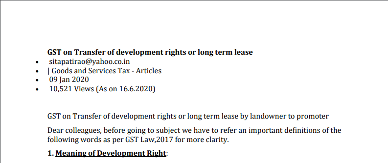 GST on Transfer of Development Rights or Long term Lease