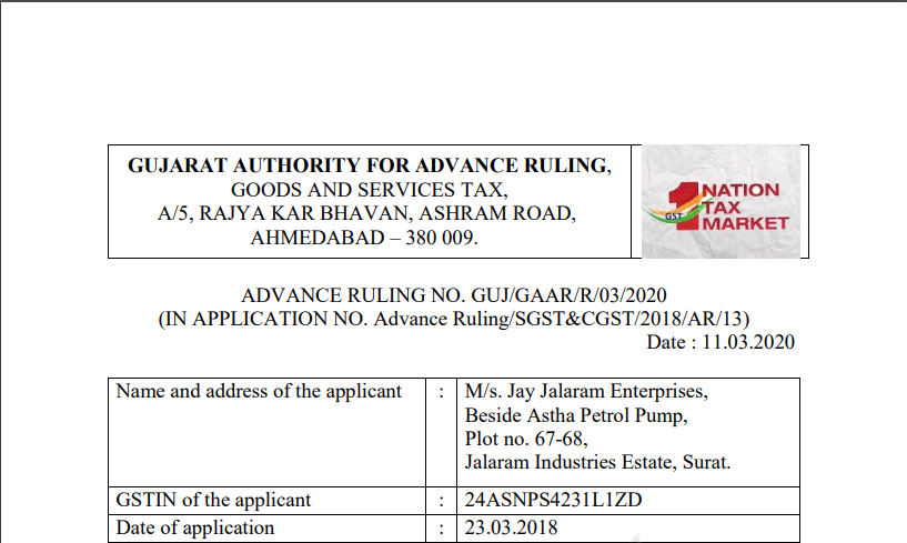 Gujarat AAR in the case of M/s. Jay Jalaram Enterprises