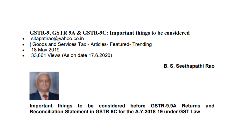 Important things to be considered before GSTR-9,9A Returns and Reconciliation Statement in GSTR-9C for the A.Y.2018-19 under GST Law
