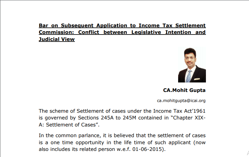 Bar on Subsequent Application to Income Tax Settlement Commission: Conflict between Legislative Intention and Judicial View