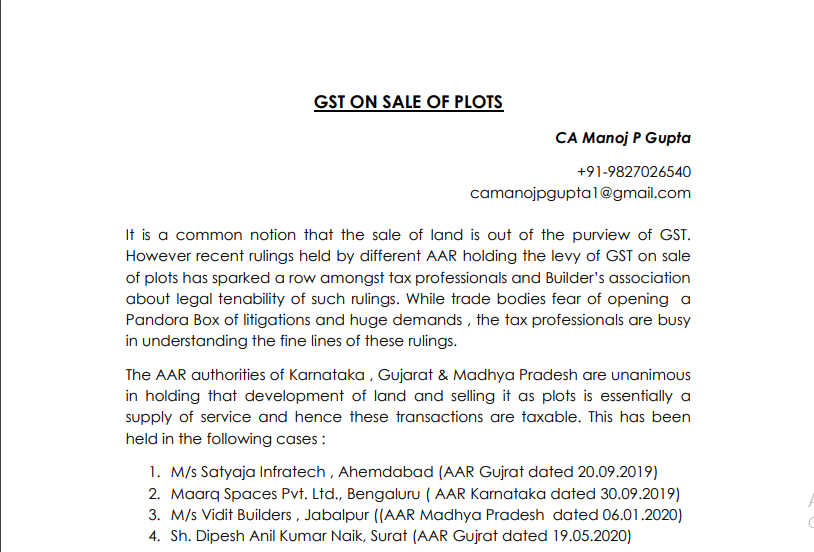 GST on Sale of Plots.