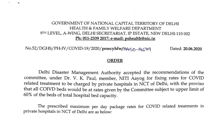 Order - Fixing of Hospital Rates for COVID Related Treatment For Pvt. Hospitals