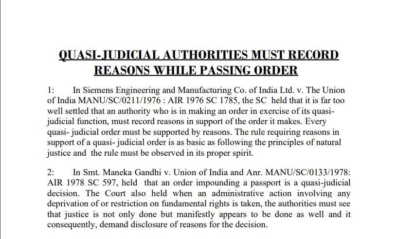 Quasi-Judicial Authorities Must Record Reasons While Passing Order