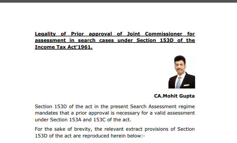 The legality of Prior approval of the Joint Commissioner for assessment in search cases under Section 153D of the Income Tax Act 1961.