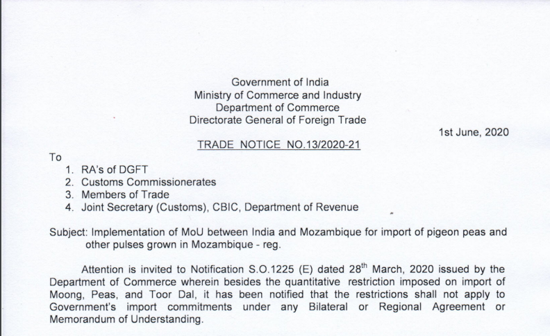 Implementation of MoU between India and Mozambique for import of pigeon peas and other pulses grown in Mozambique