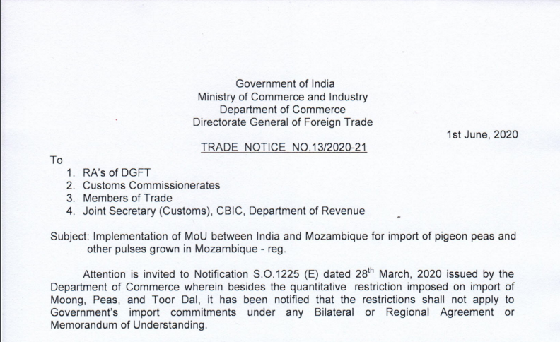  Implementation of MoU between India and Mozambique for import of pigeon peas and other pulses grown in Mozambique 