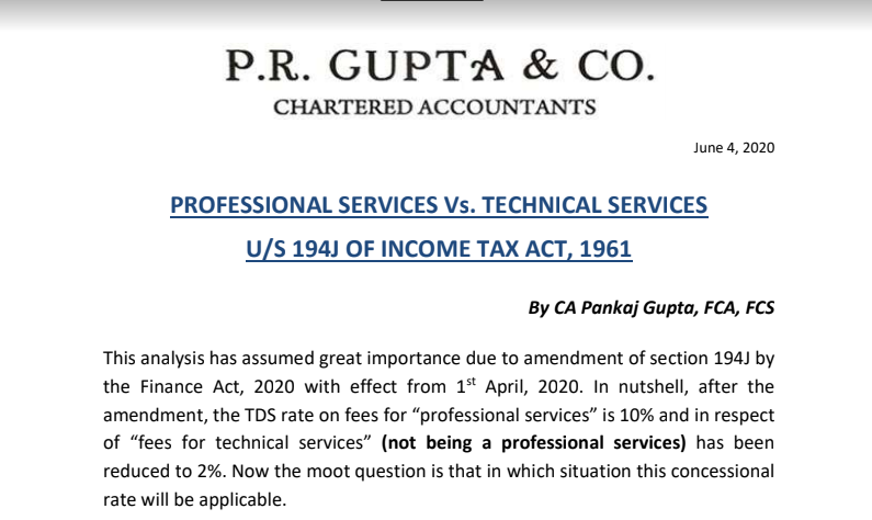 Professional Services Vs. Technical Services U/s 194J of Income Tax Act, 1961