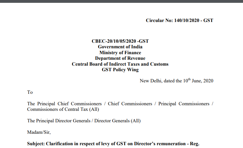 GST on Directors Remuneration: Circular No: 140/10/2020