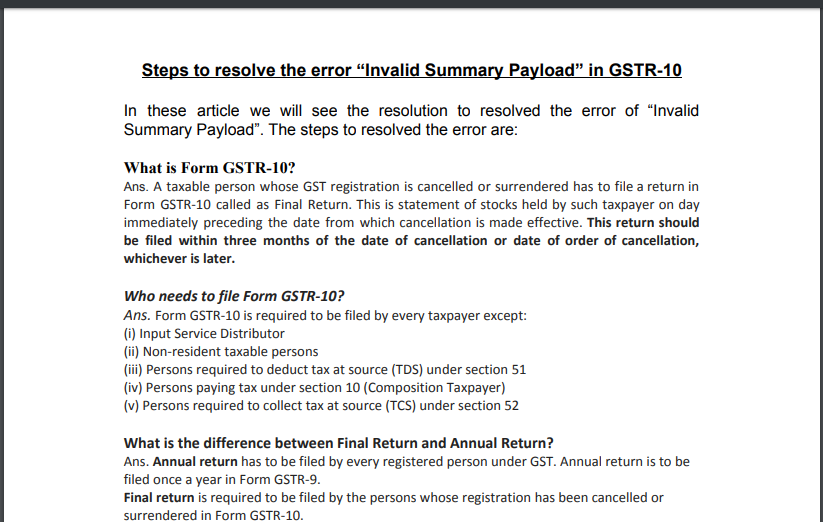 Steps to resolve the error “Invalid Summary Payload” in GSTR-10.