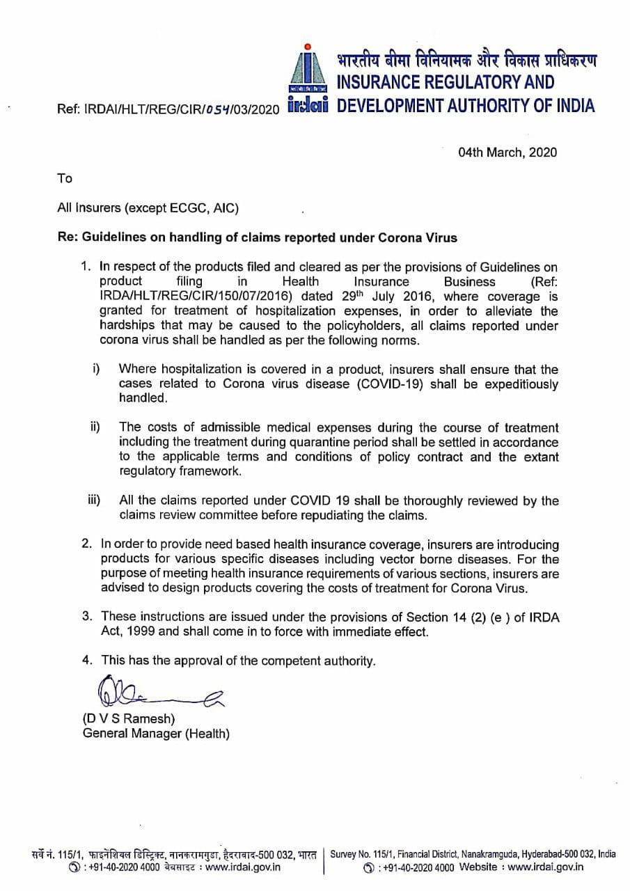 Guidelines on handling of claims reported under the Corona Virus.