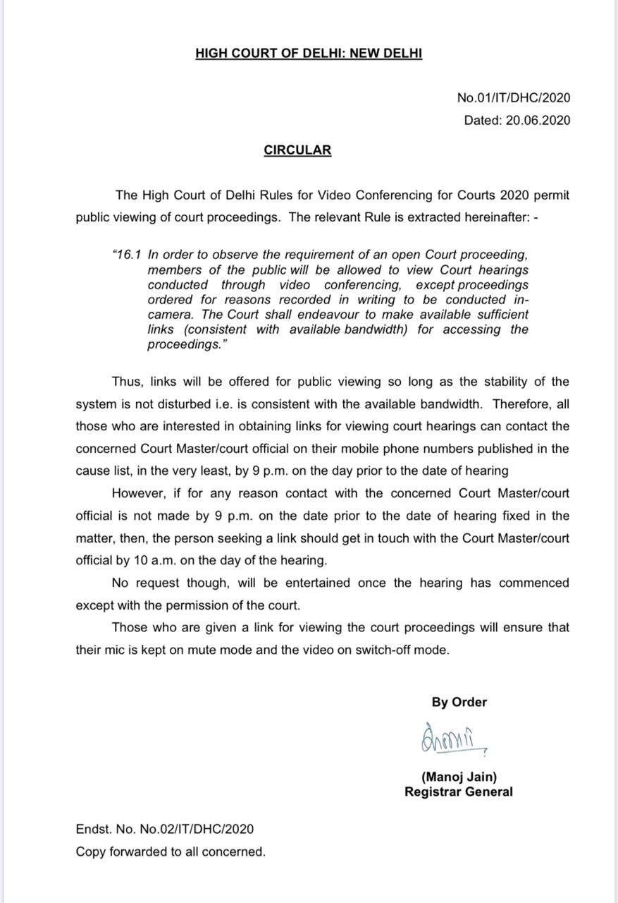Delhi HC Rules for Video Conferencing for Courts 2020