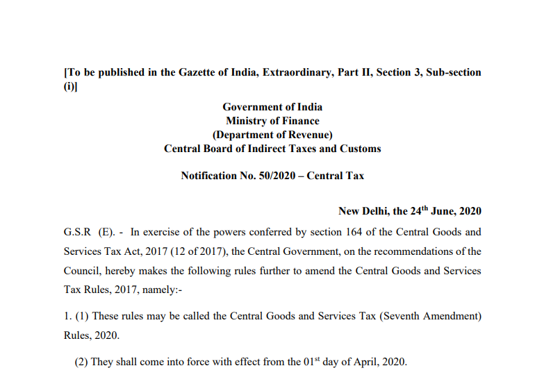 Notification No. 50/2020 – Central Tax