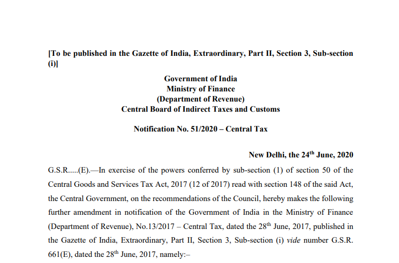 Notification No. 51/2020 – Central Tax