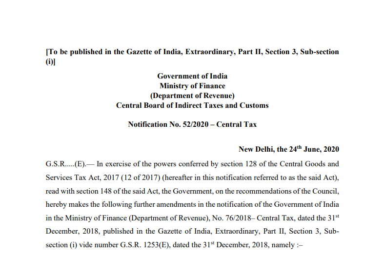 Notification No. 52/2020 – Central Tax