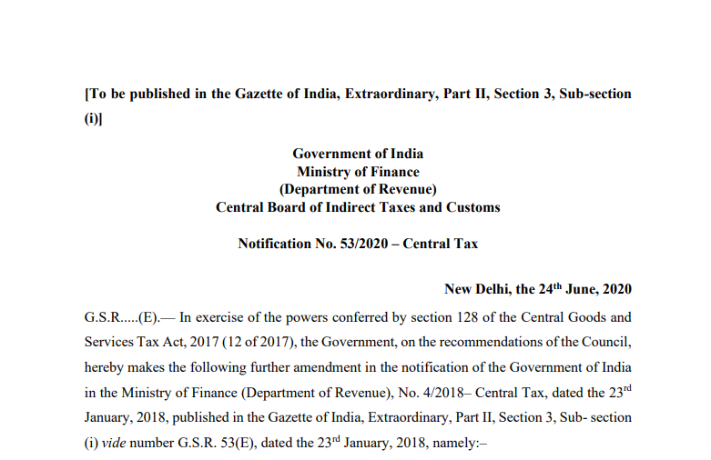 Notification No. 53/2020 – Central Tax