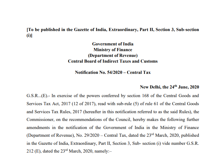 Notification No. 54/2020 – Central Tax