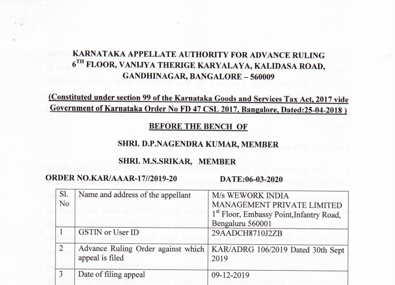 Karnataka AAAR in the case of M/s WeWork India Management Private Limited