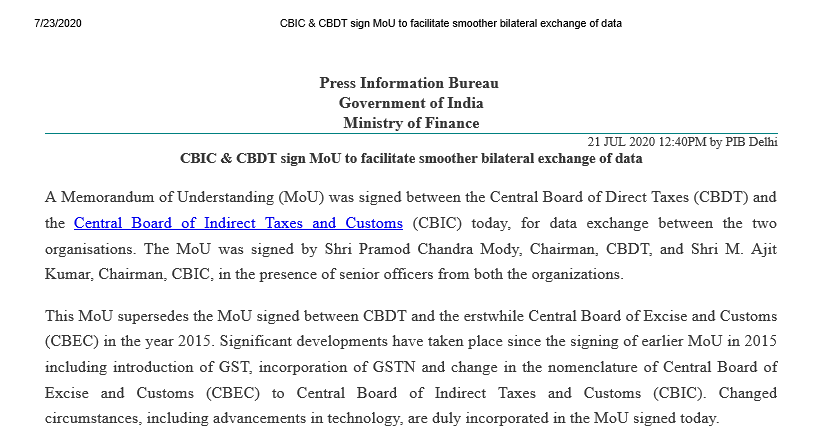 CBIC & CBDT Sign MoU to Facilitate Smoother Bilateral Exchange of Data.