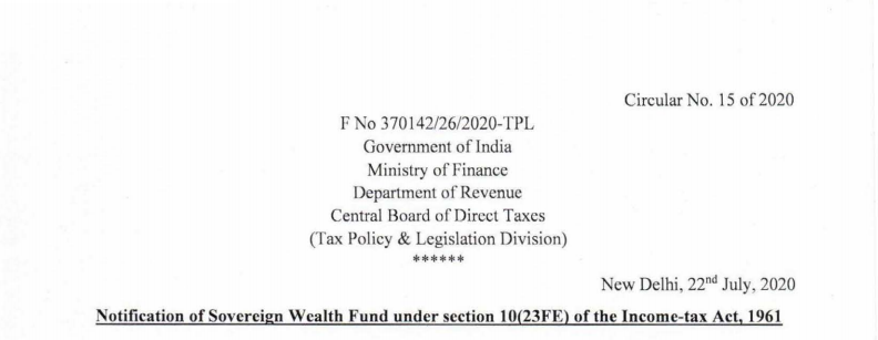 Notification of Sovereign Wealth Fund under the section to(23FE) of the Income-tax Act, 1961