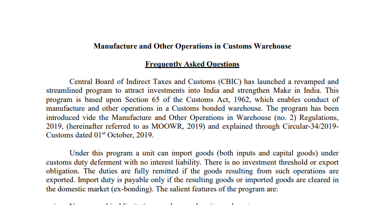 FAQs on Manufacture and Other Operations in Customs Warehouse