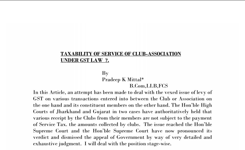 Taxability of Service of Club-Association Under GST Law?