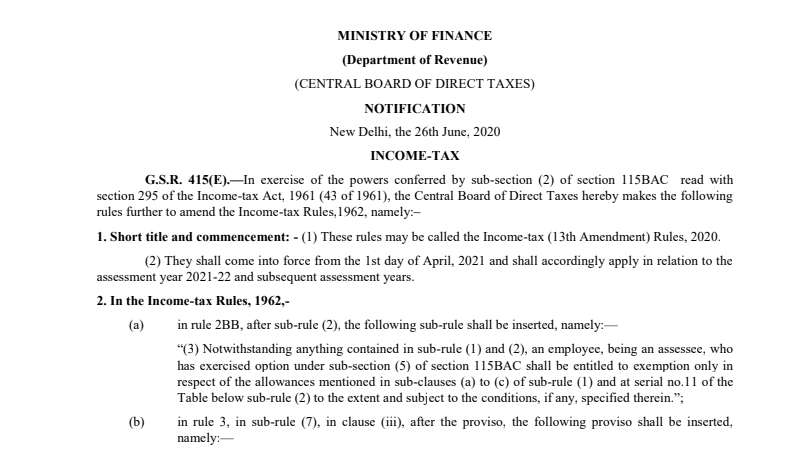Relaxation to Claim Exempt Allowances Under New Tax Regime of the Income Tax Act, 1961