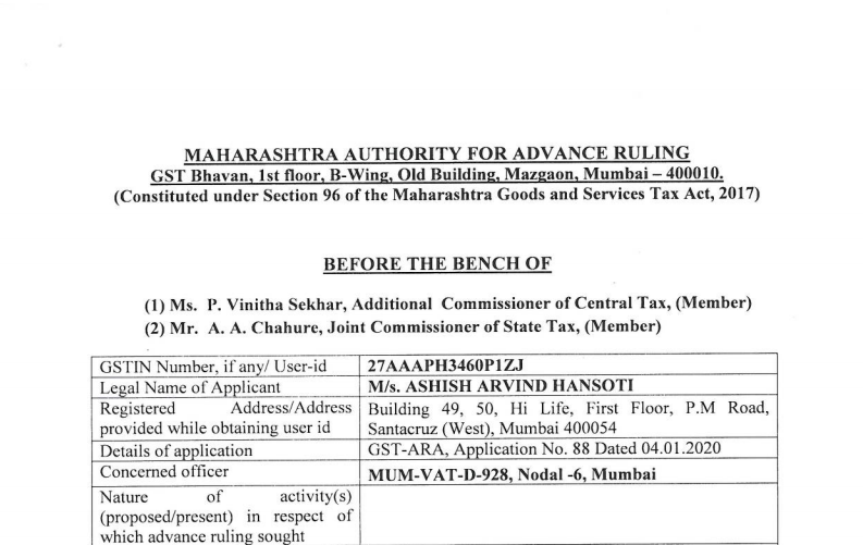 Maharashtra AAR in the case of M/s. Ashish Arvind Hansoti 