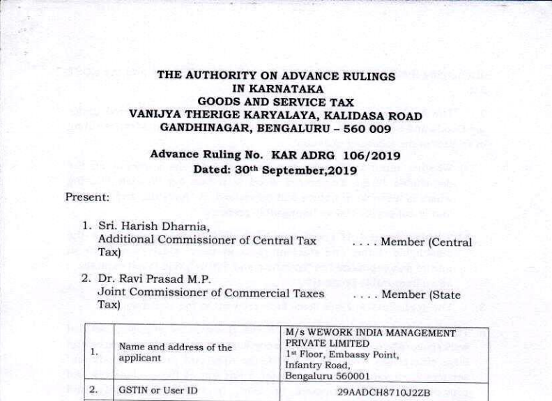 Karnataka AAR in the case of M/s. WeWork India Management Private Limited