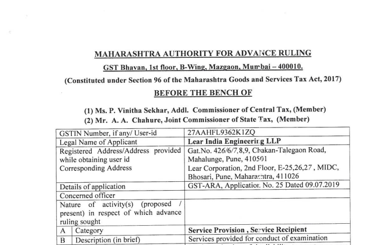 Maharashtra AAR in the case of Lear India Engineering LLP