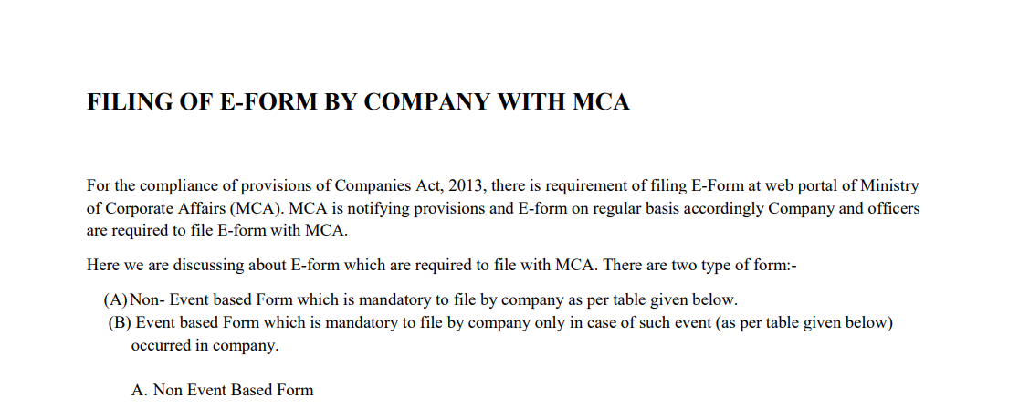 Filing of E-Form By Company With MCA