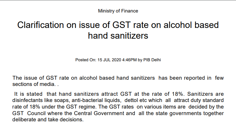Clarification on issue of GST rate on alcohol based hand sanitizers