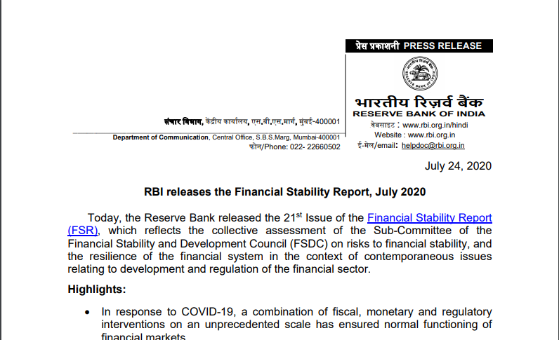 RBI Releases the Financial Stability Report, July 2020