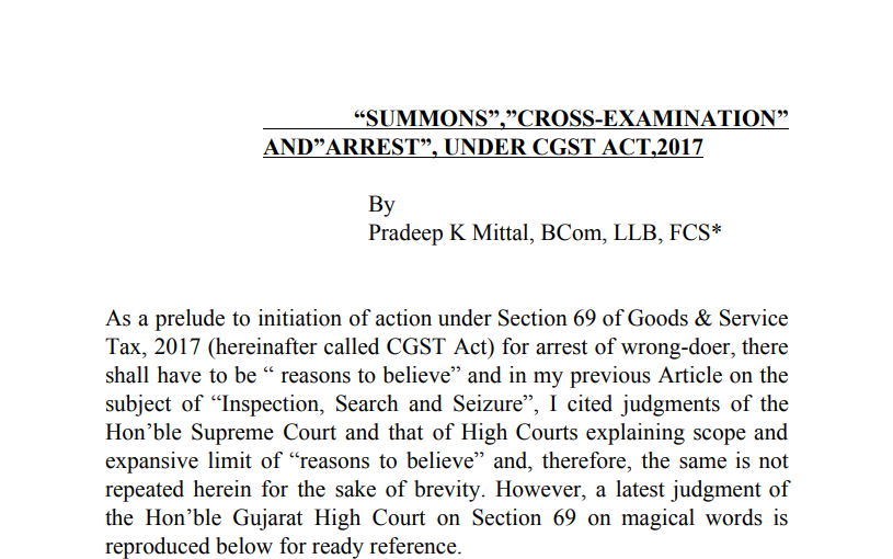 Summons, Cross-Examination, And Arrest, Under CGST Act, 2017