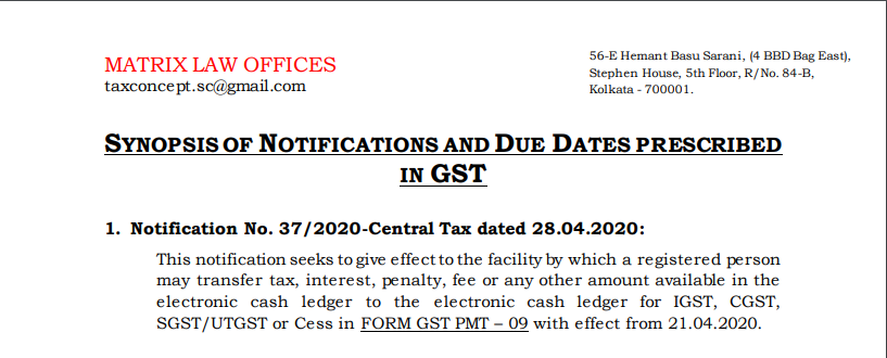 Synopsis of Notifications And Due Dates Prescribed In GST