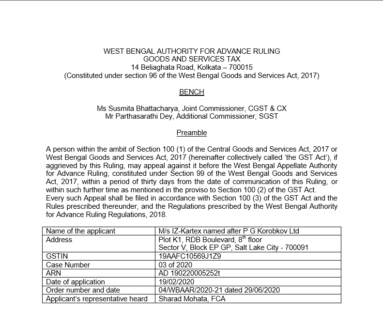 West Bengal AAR in the case of M/s IZ-Kartex named after PG Korobkov Ltd