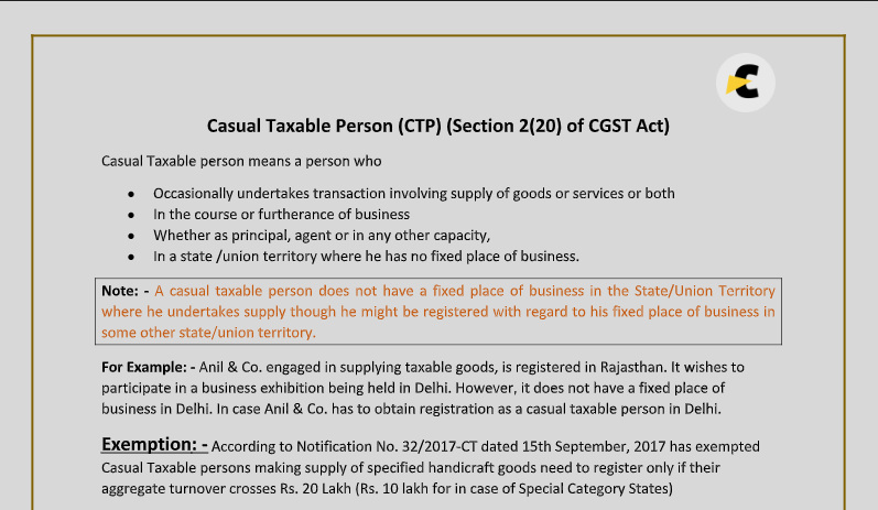 Casual Taxable Person (CTP) (Section 2(20) of CGST Act)
