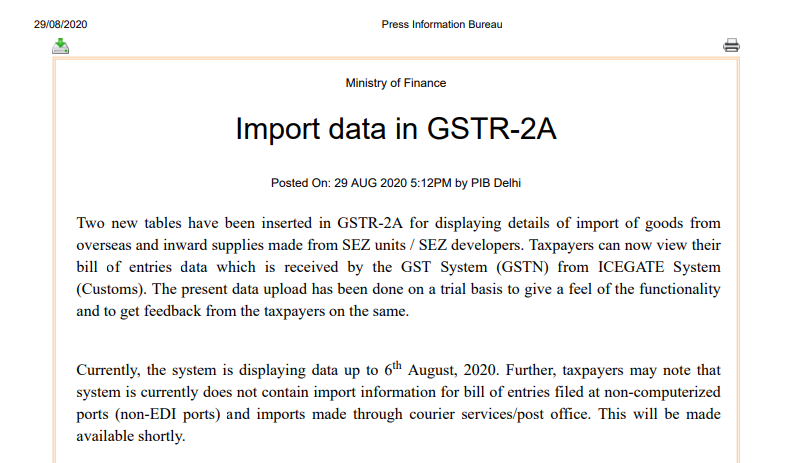 Import data in GSTR-2A: PIB