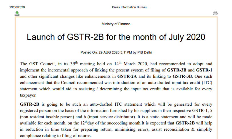 Launch of GSTR-2B for the month of July 2020
